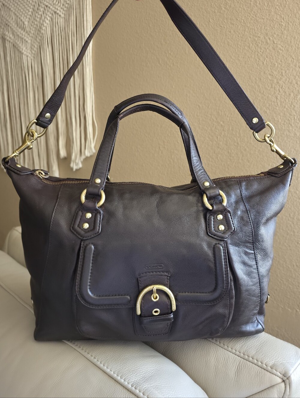 Coach Campbell Dark Brown Leather Shoulder Bag with Gold Hardware